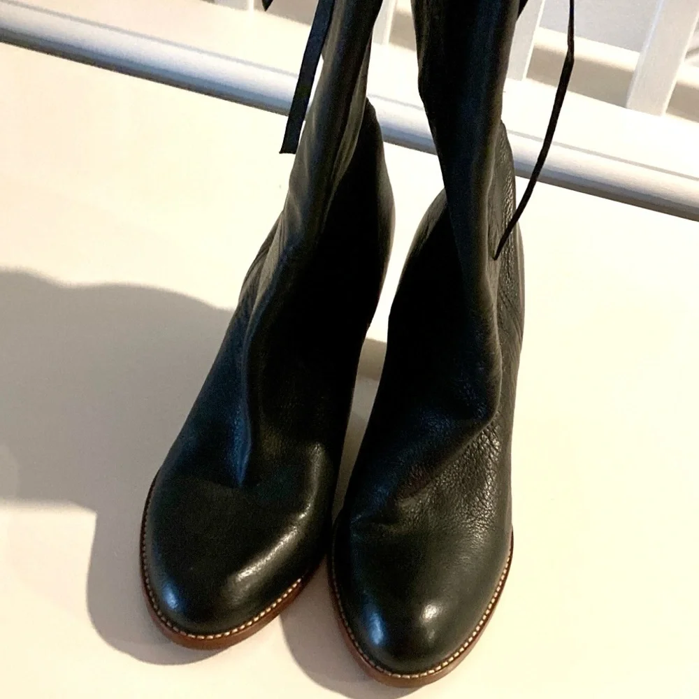 Coach Black Leather Mid-Calf Almond Toe 3” Chunky Heeled Boots Size 9.5